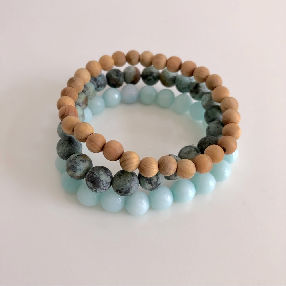 Jade and Cedar Bead Bracelet Set